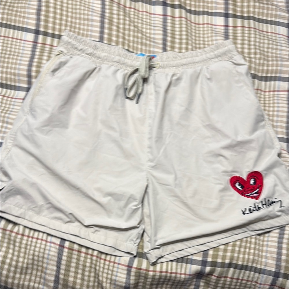 Keith Haring White and Red Heart ❤️ Athletic Shorts with Heart Design